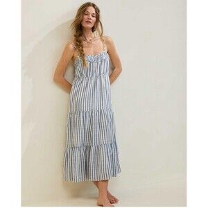 AERIE Striped Tiered Maxi Dress Small‎ Blue Neutral NEW Casual Coastal Nautical